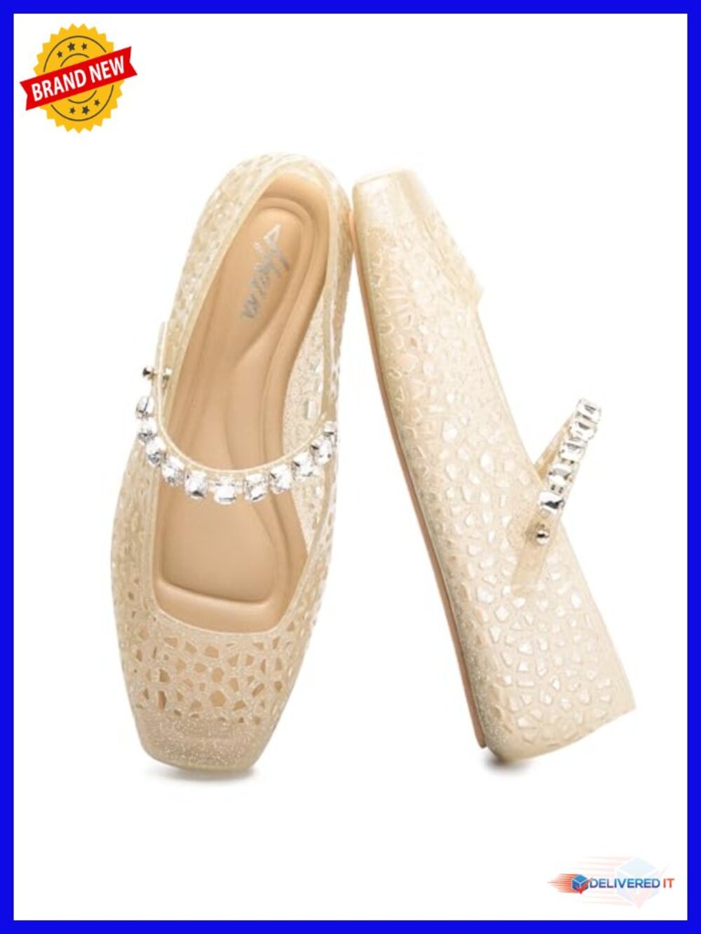 Jelly Flat Sandals with Sparkly Rhinestone Strap Square Toe Breathable Mesh